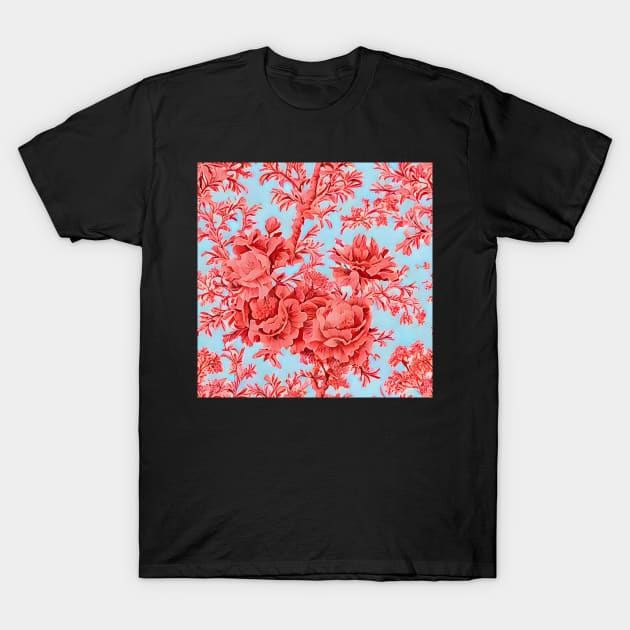 Coral flowers on sky blue toile T-Shirt by SophieClimaArt